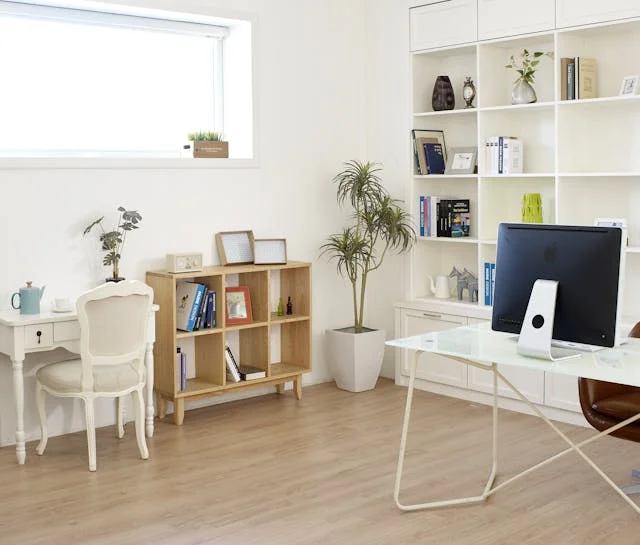 Clean and bright white color home office.