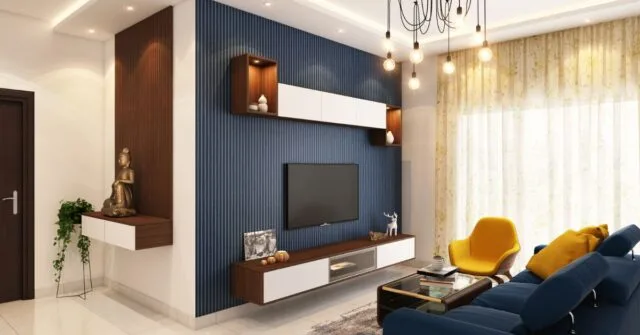 A living room designed using different colors that complements each other.