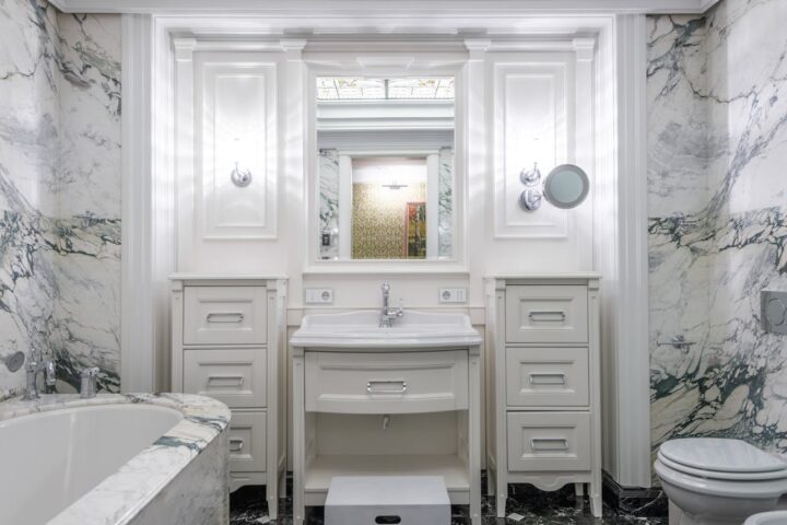 A Modern Bathroom with Marble Wall.