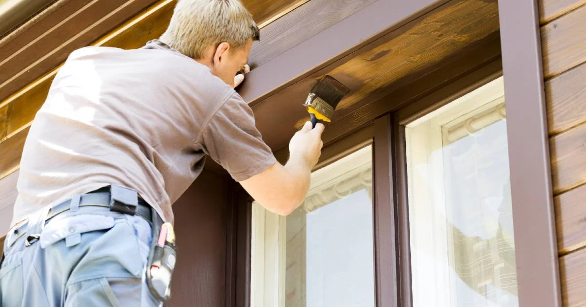 Man with brush painting a wooden house exterior.