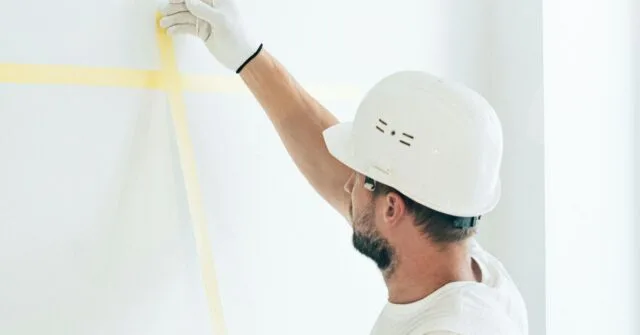 An expert painter working on designing an accent wall.