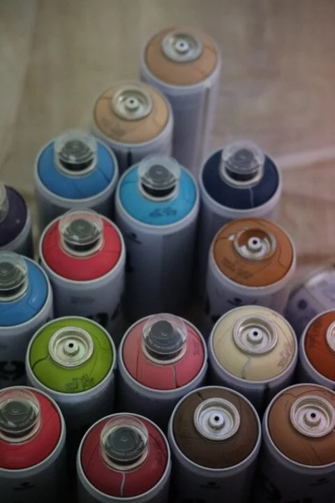 Different colors and shades of spray paint cans.