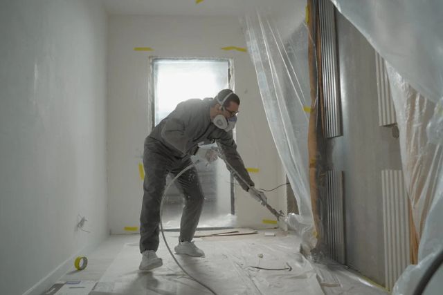 A man wearing a protective gear while spray painting a wall.