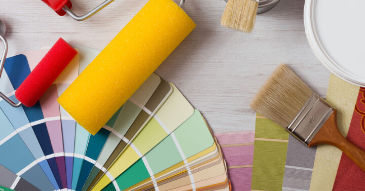 A selection of colour swatches, paint brushes and rollers used by our professional team to create high quality finishes in a varierty of complemenatary colours.