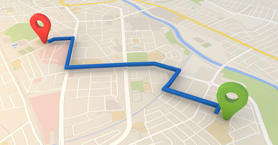 Two pins on a map with a blue line connecting them, indicating the close proximity of a service to a customer