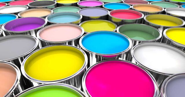 A huge variety of paint colors shown in individual cans.